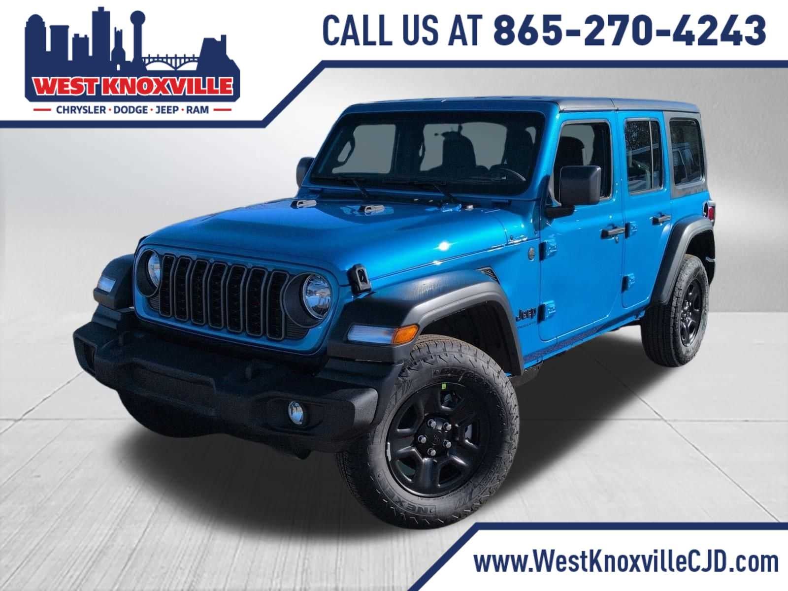 2026 Jeep Wrangler WRANGLER 4-DOOR SPORT in Hydro Blue Pearl-Coat Exterior Paint — front three-quarter view