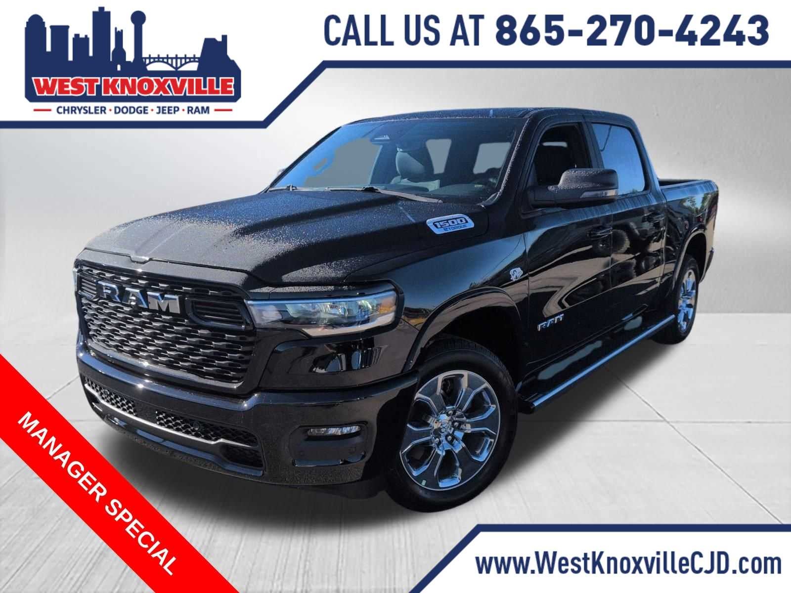 2026 RAM 1500 RAM 1500 BIG HORN CREW CAB 4X4 5'7' BOX in Diamond Black Crystal Pearl-Coat Exterior Paint — front three-quarter view
