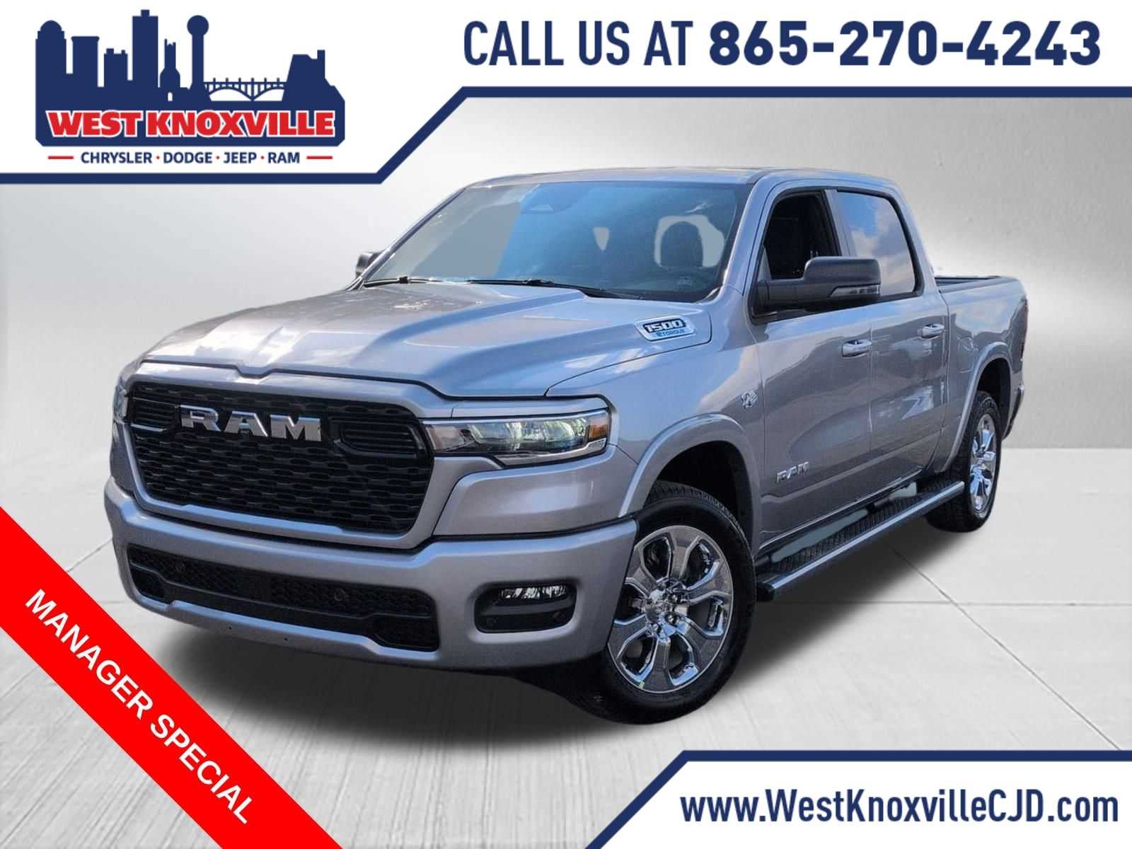 2026 RAM 1500 RAM 1500 BIG HORN CREW CAB 4X4 5'7' BOX in Billet Silver Metallic Clear-Coat Exterior Paint — front three-quarter view