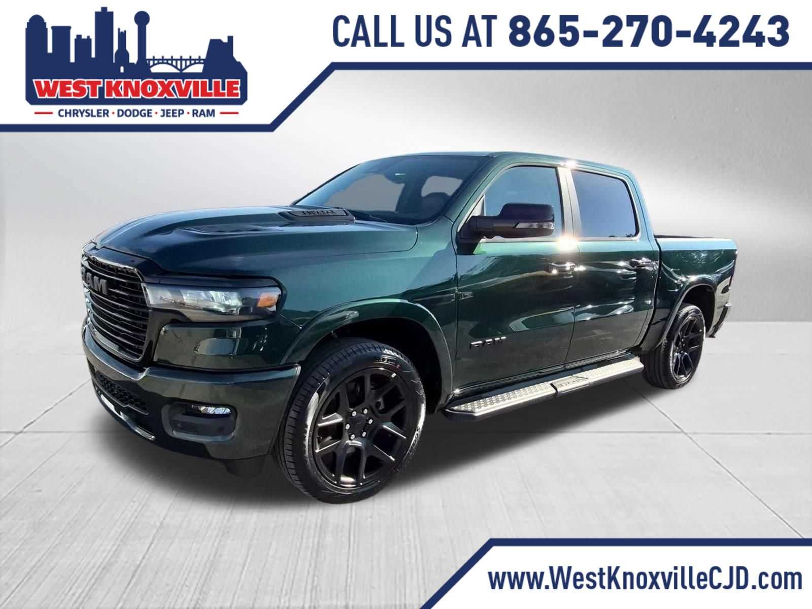2026 RAM 1500 RAM 1500 LARAMIE CREW CAB 4X4 5'7' BOX in Serrano-Green Metallic Exterior Paint — front three-quarter view