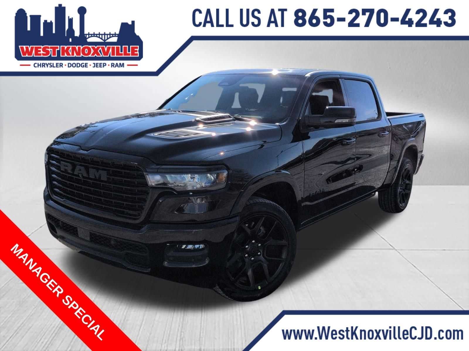 2026 RAM 1500 RAM 1500 LARAMIE CREW CAB 4X4 5'7' BOX in Diamond Black Crystal Pearl-Coat Exterior Paint — front three-quarter view