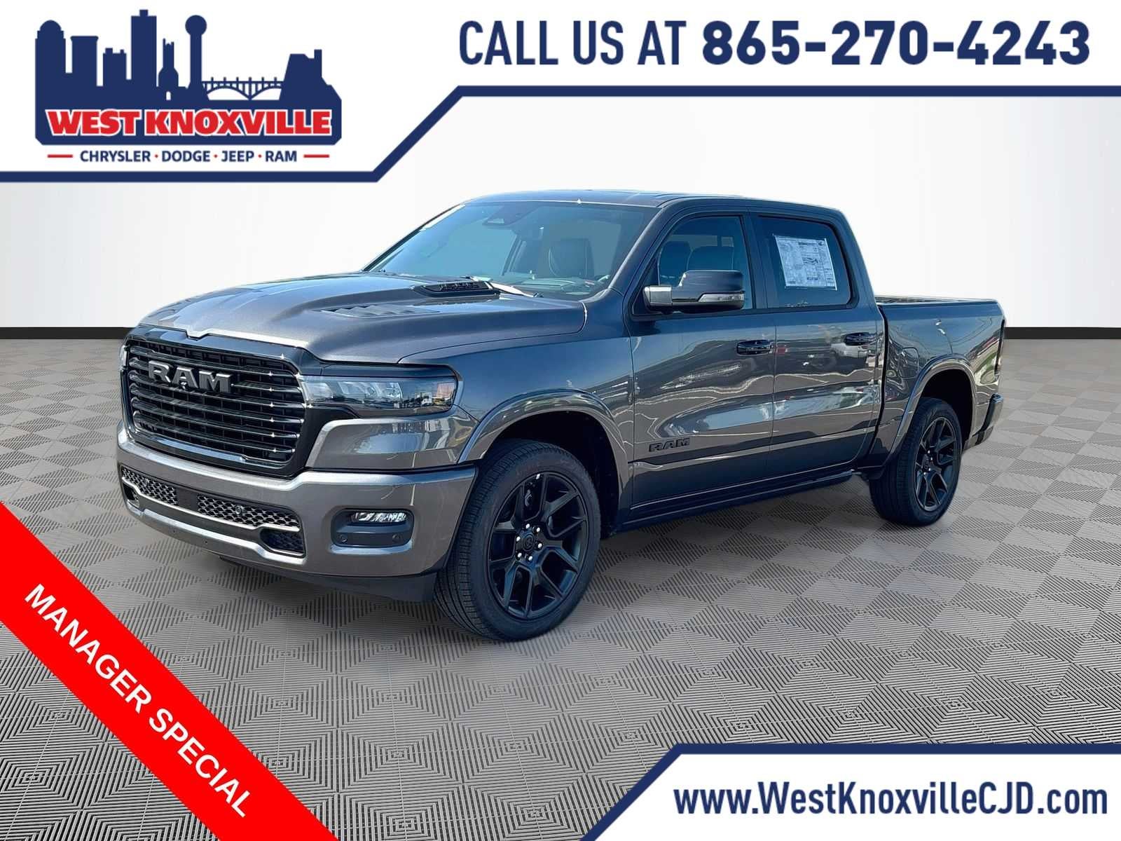 2026 RAM 1500 RAM 1500 LARAMIE CREW CAB 4X4 5'7' BOX in Granite Crystal Metallic Clear-Coat Exterior Paint — front three-quarter view