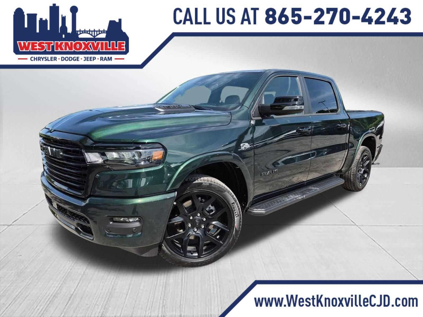 2026 RAM 1500 RAM 1500 LARAMIE CREW CAB 4X4 5'7' BOX in Serrano-Green Metallic Exterior Paint — front three-quarter view