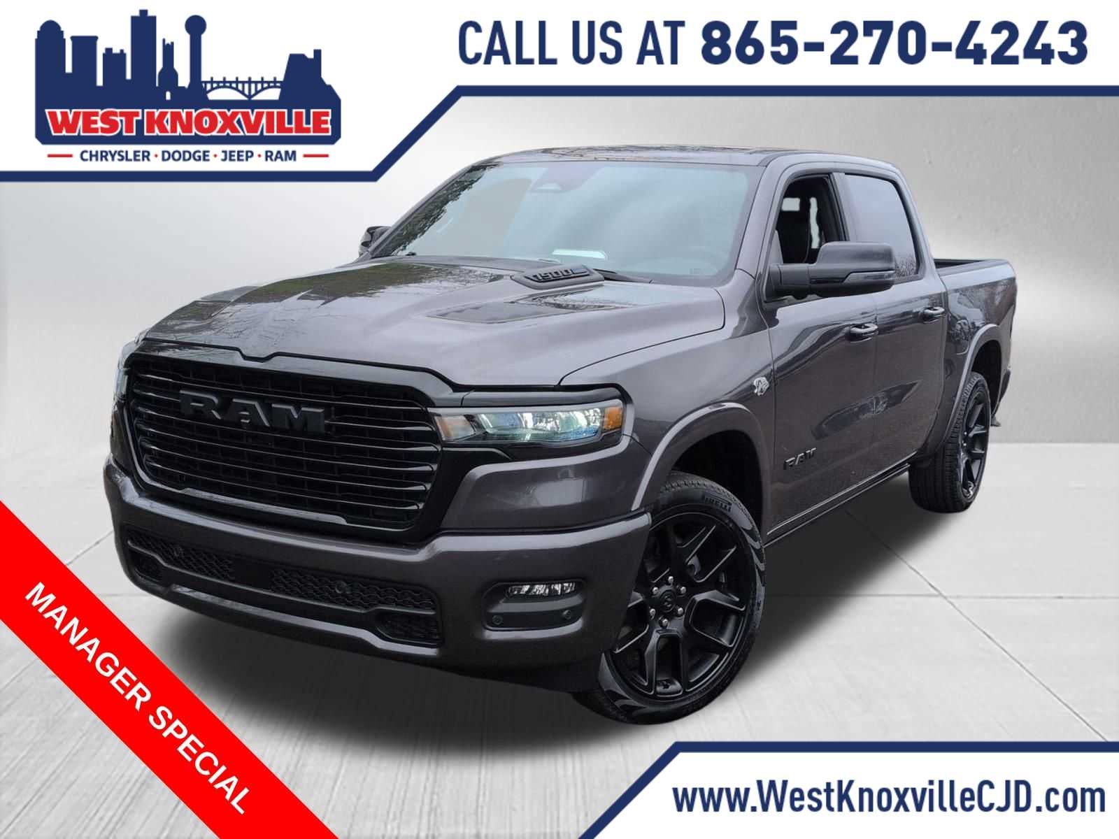 2026 RAM 1500 RAM 1500 LARAMIE CREW CAB 4X4 5'7' BOX in Granite Crystal Metallic Clear-Coat Exterior Paint — front three-quarter view
