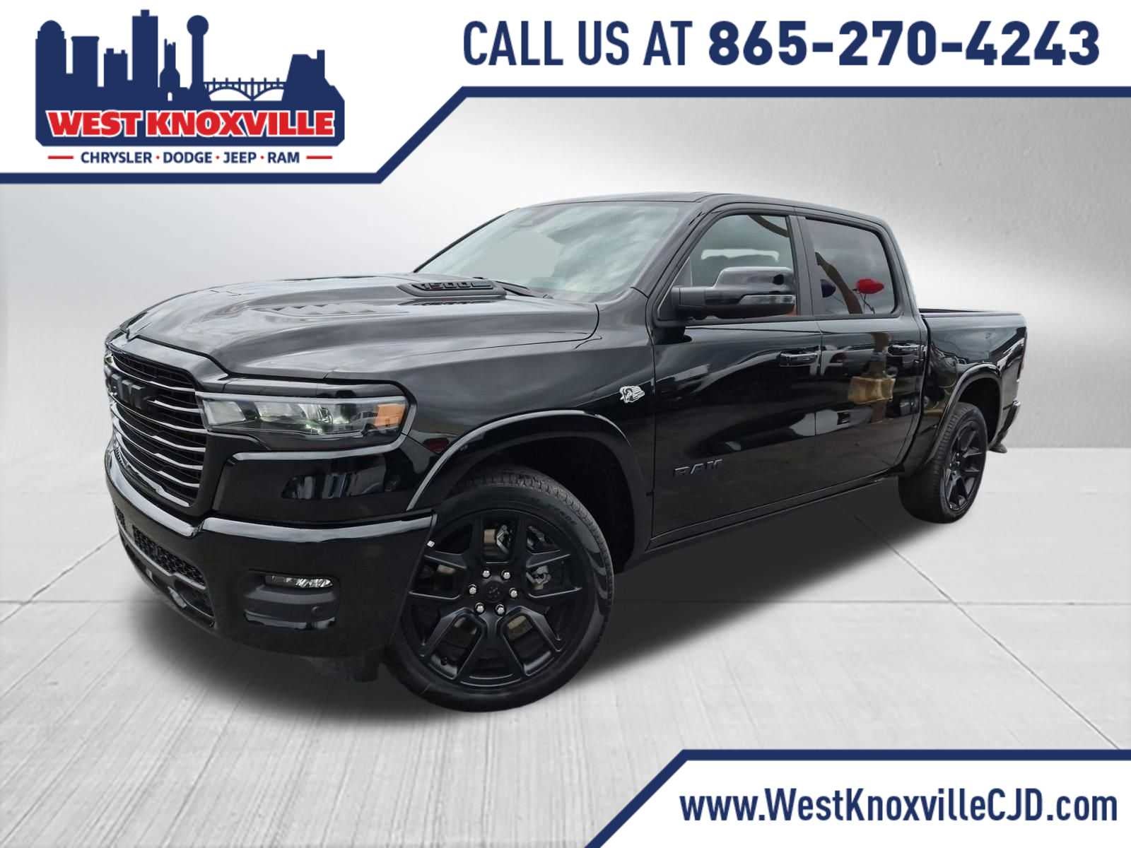 2026 RAM 1500 RAM 1500 LARAMIE CREW CAB 4X4 5'7' BOX in Diamond Black Crystal Pearl-Coat Exterior Paint — front three-quarter view