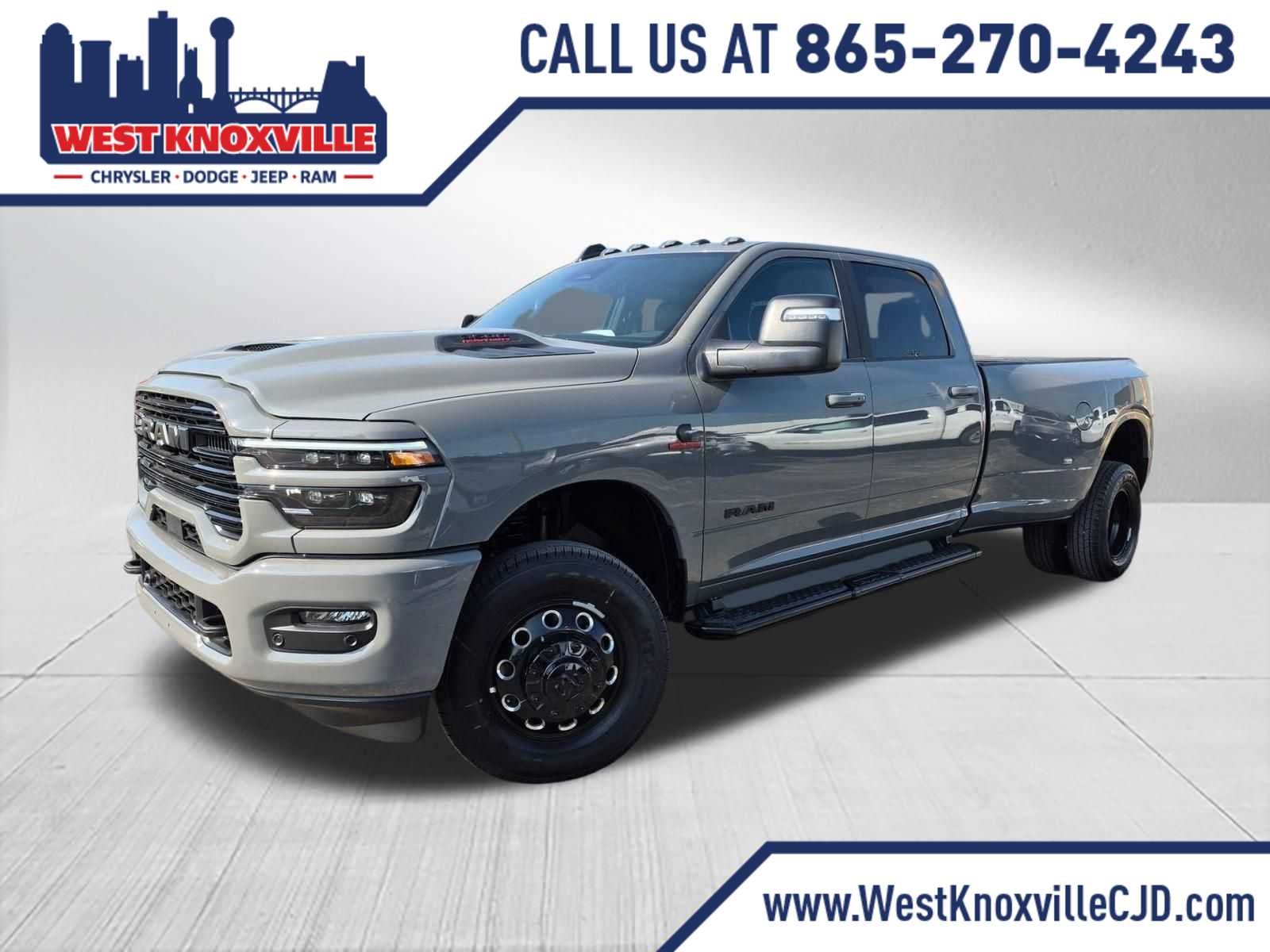 2026 RAM 3500 RAM 3500 LARAMIE CREW CAB 4X4 8' BOX in Ceramic Gray Clear-Coat Exterior Paint — front three-quarter view