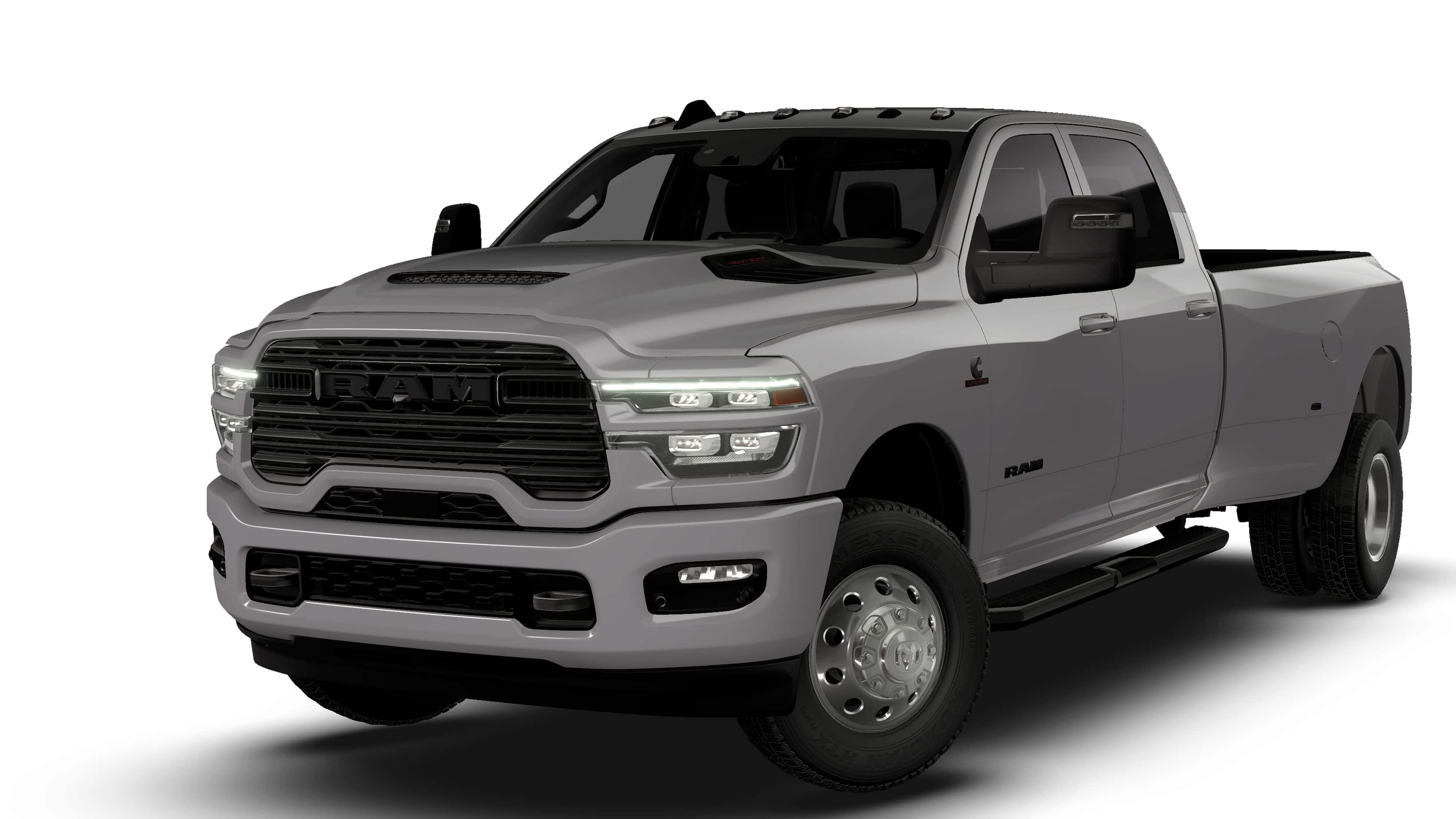 2026 RAM 3500 RAM 3500 LARAMIE CREW CAB 4X4 8' BOX in Ceramic Gray Clear-Coat Exterior Paint — front three-quarter view