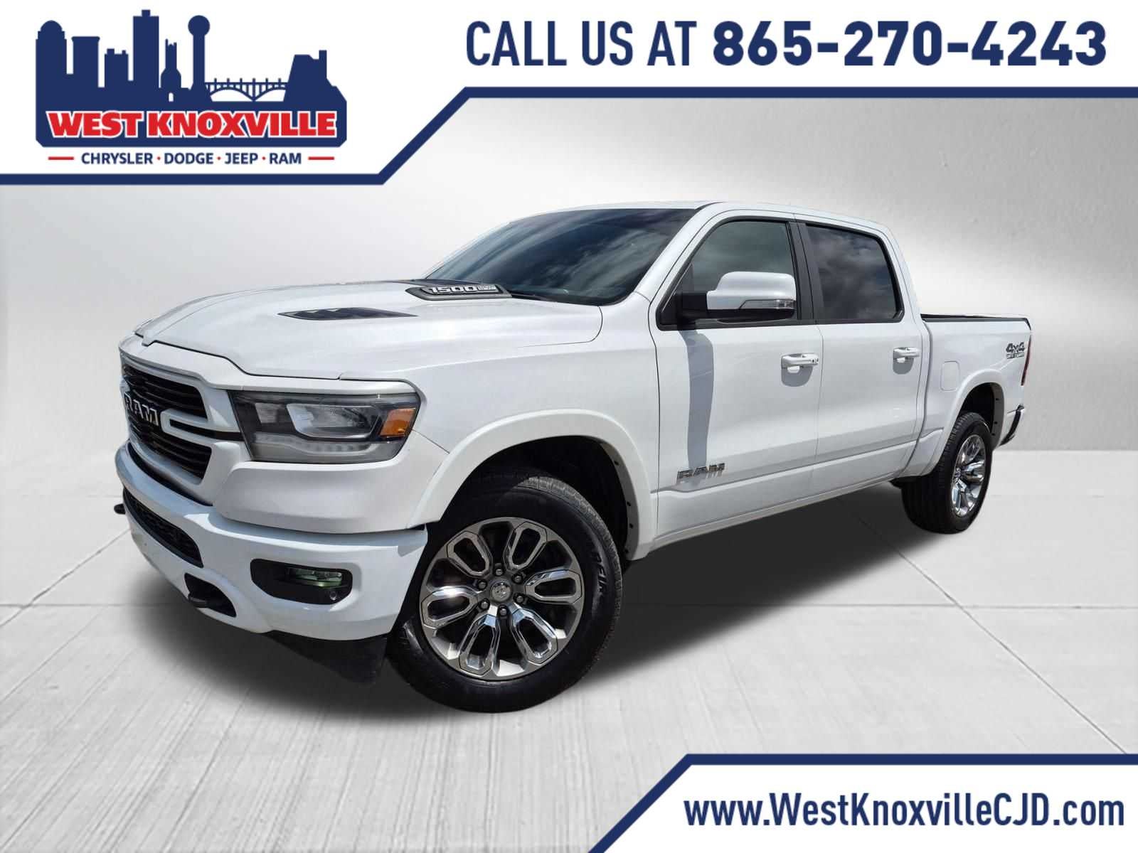 2019 RAM All-New 1500 Laramie in Ivory White Tri-Coat Pearlcoat — front three-quarter view