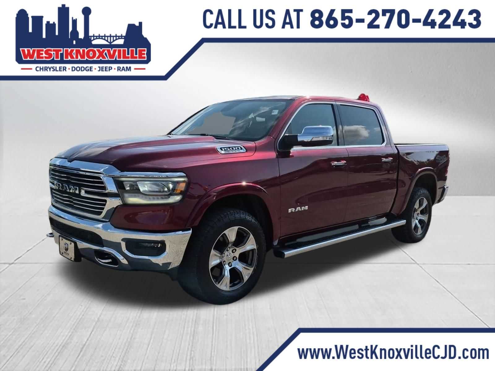 2019 RAM All-New 1500 Laramie in Delmonico Red Pearlcoat — front three-quarter view