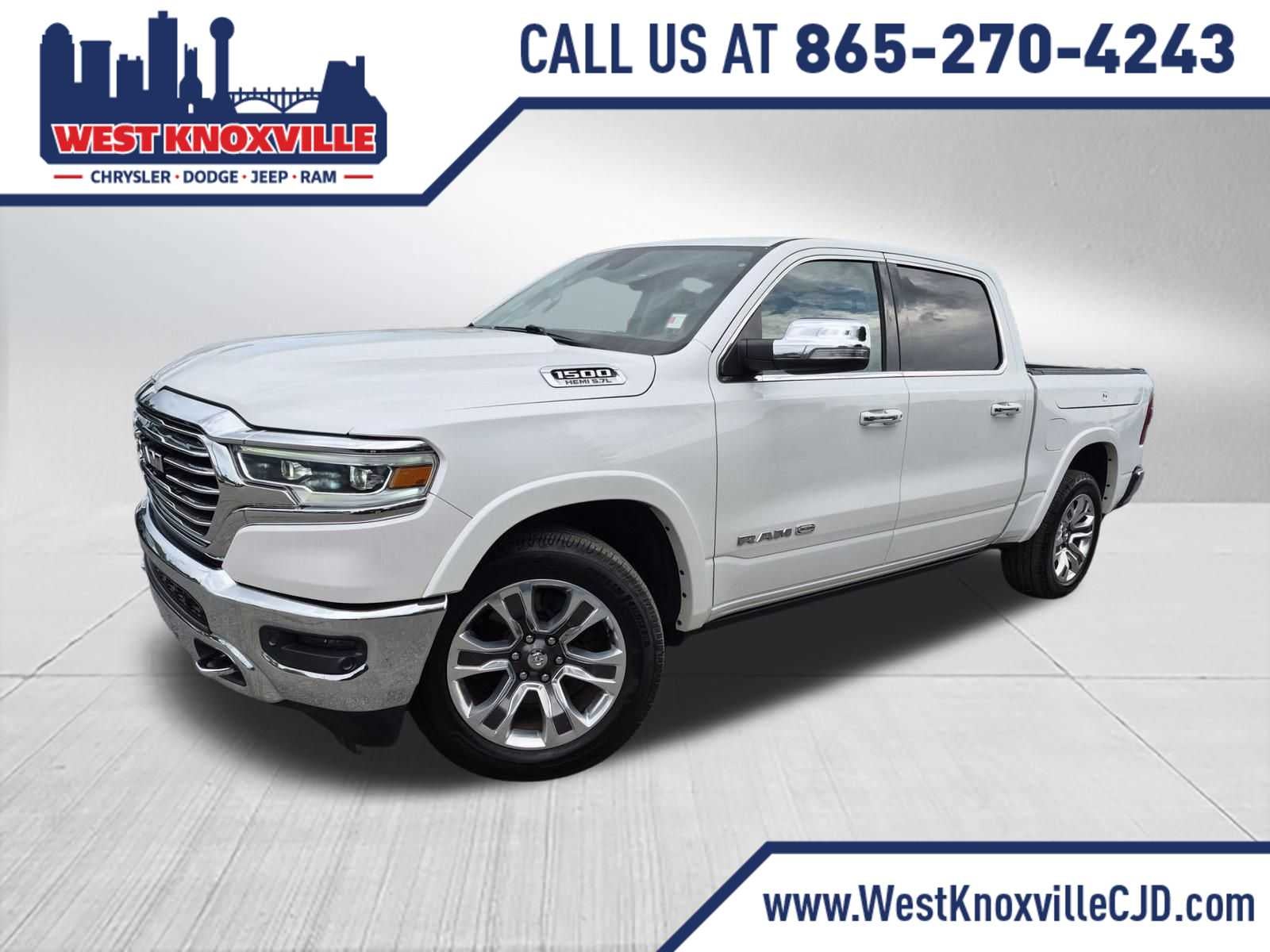2019 RAM All-New 1500 Longhorn in Ivory White Tri-Coat Pearlcoat — front three-quarter view
