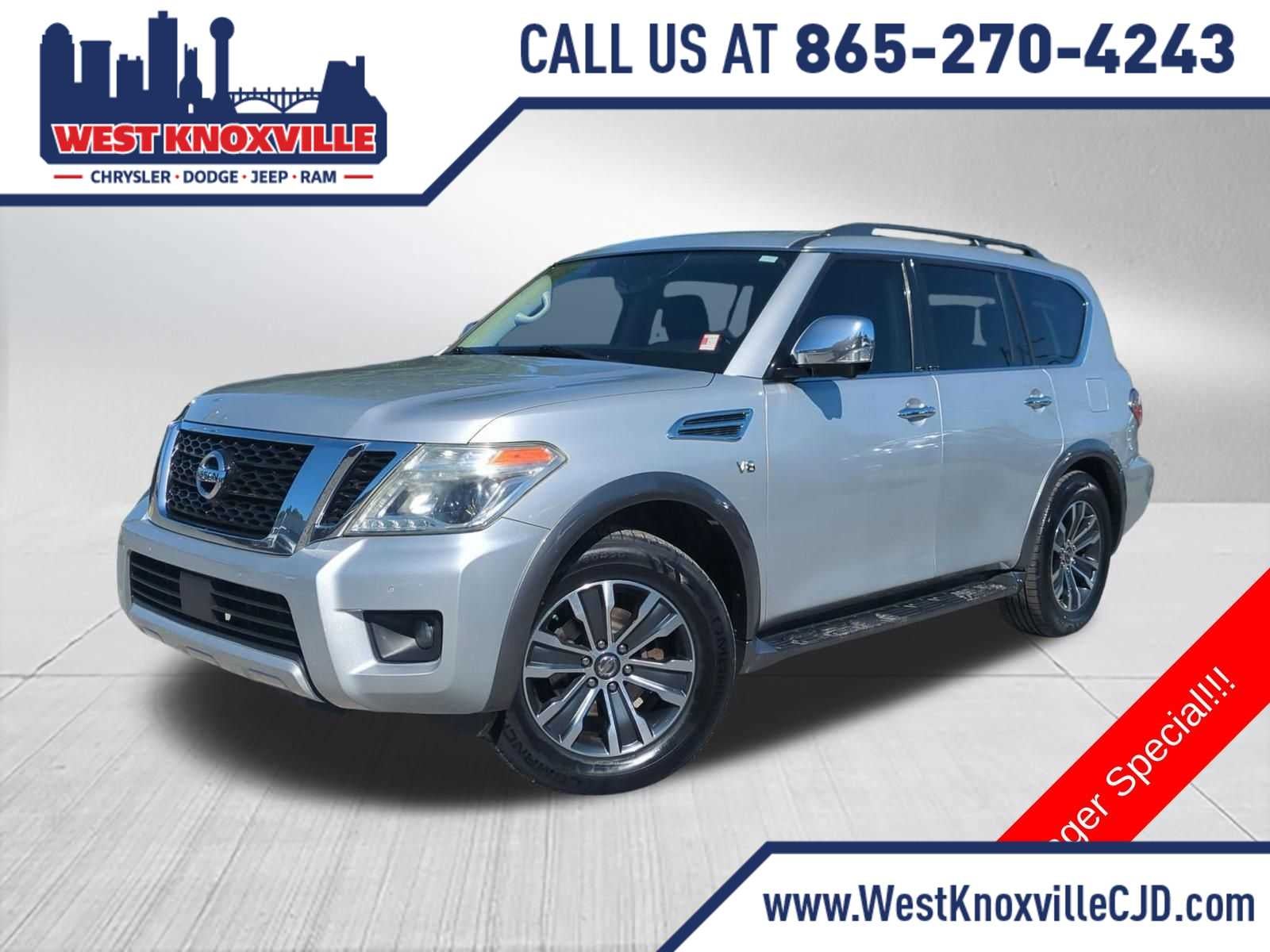 2018 Nissan Armada SL in Brilliant Silver — front three-quarter view